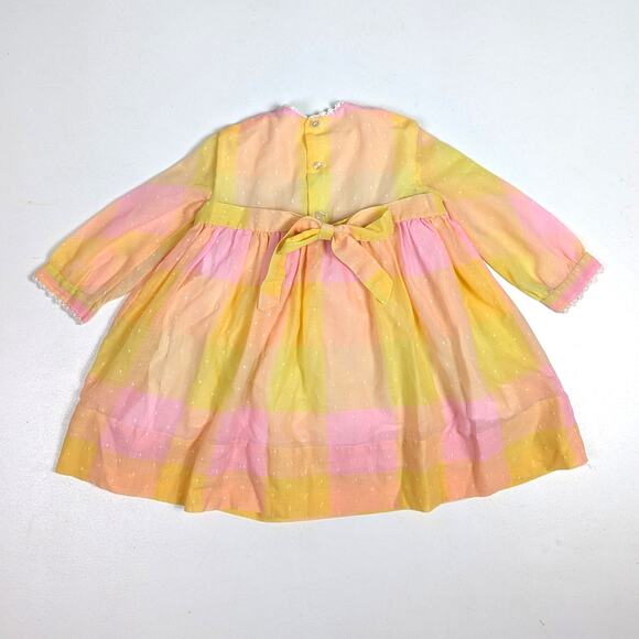 Vtg Dress 2T Pastel Plaid Smocked Semi Sheer Swiss Dot 70s Retro Hippie - Picture 4 of 4